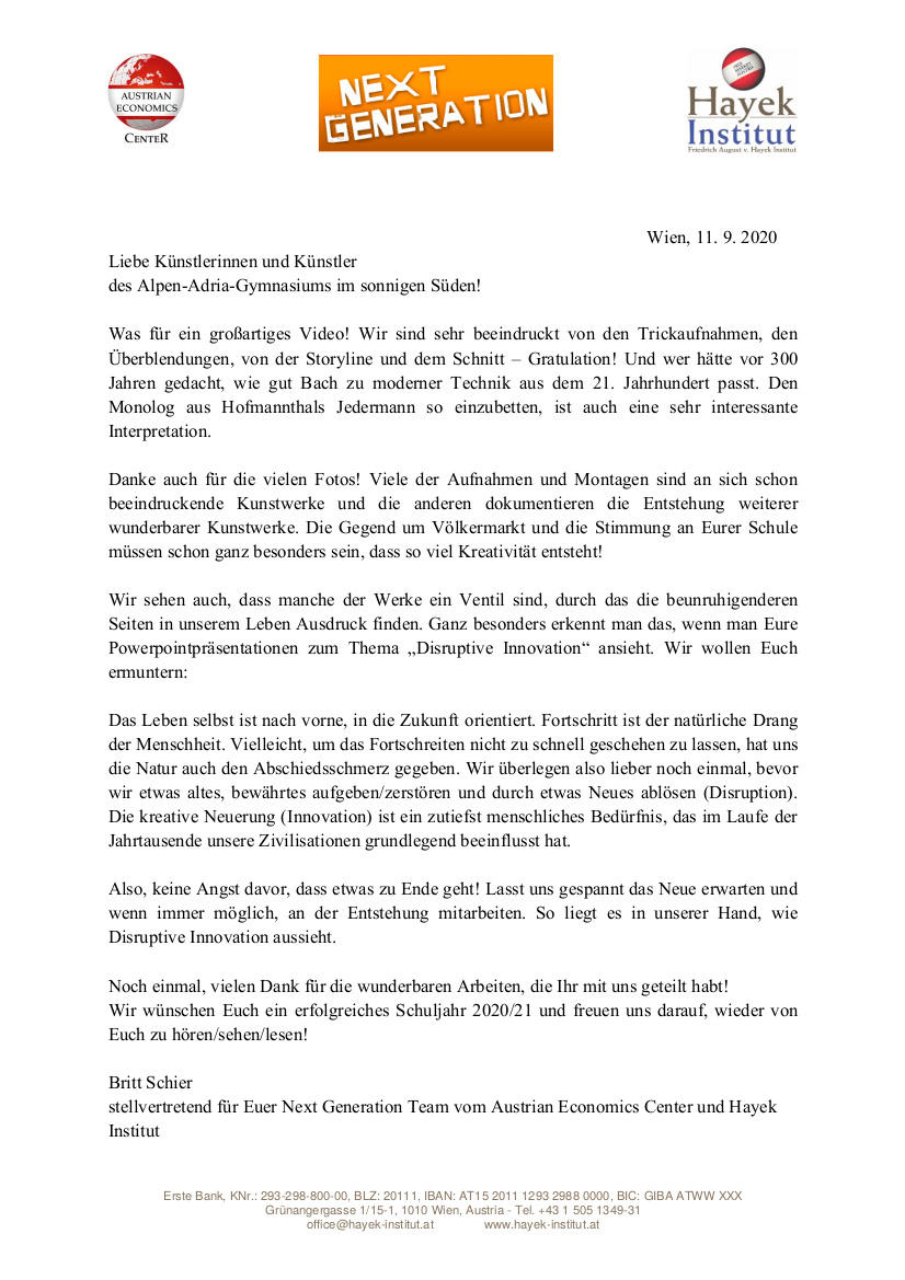 Brief an Alpen Adria SchuelerInnen